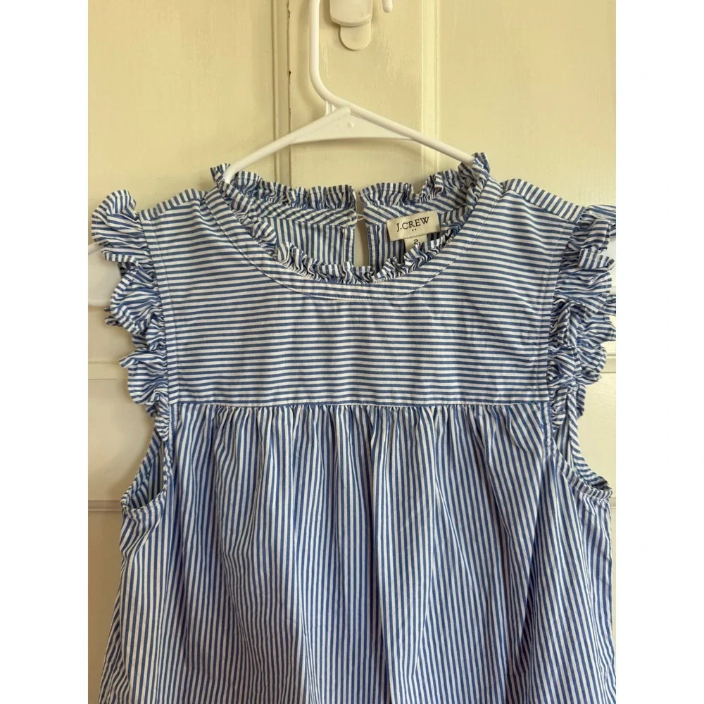J.Crew Blue Striped Ruffleneck shirred top in cotton poplin size 2 - Picture 2 of 7